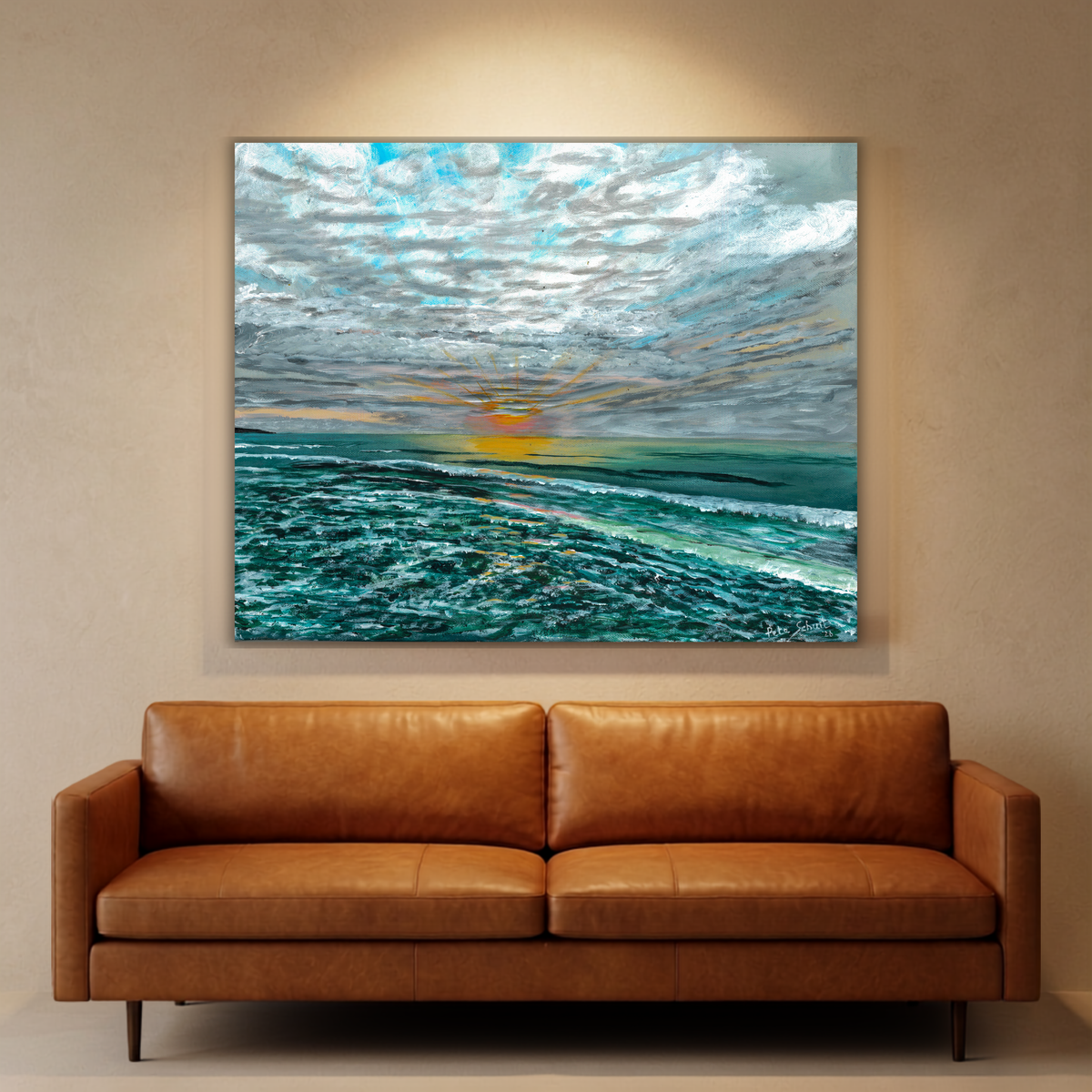 Cloudy Seaside Sunrise — original painting by Pete Schuil, fine-art canvas print