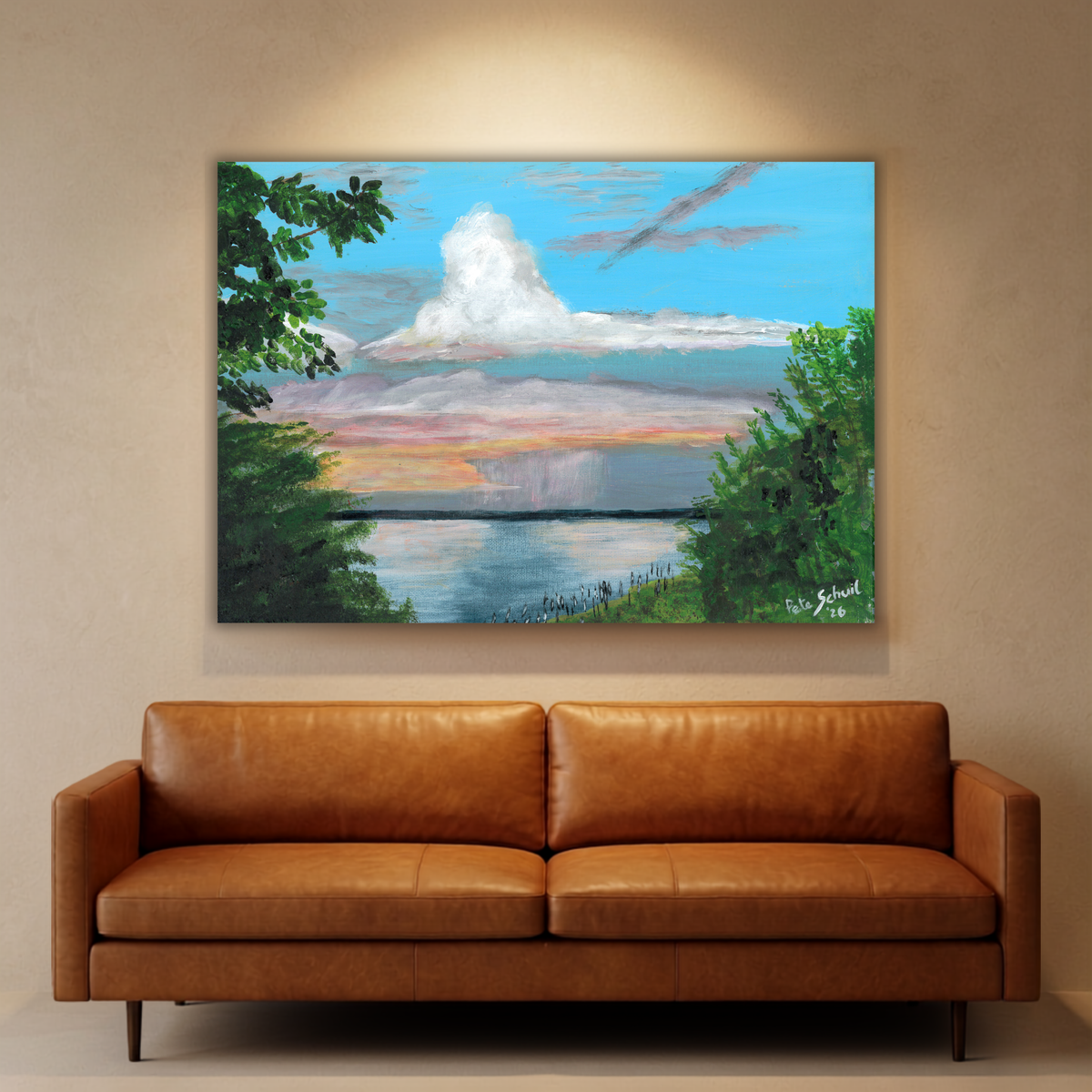 Sunset over Ume River Mouth — original painting by Pete Schuil, fine-art canvas print